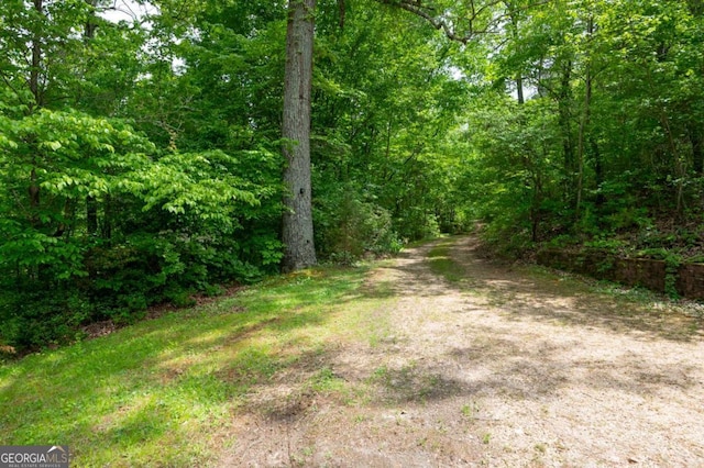 view of street featuring a wooded view
