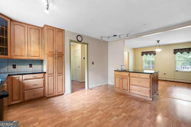 kitchen with track lighting, dark countertops, light wood finished floors, and baseboard heating