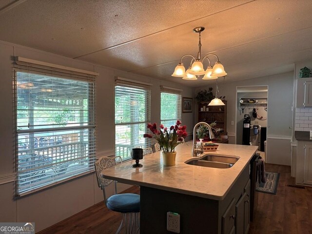 317 Cedar Dr NW, Sparta, GA 31087 - kitchen with a sink, dark wood-style floors, a chandelier, pendant lighting, and a center island with sink