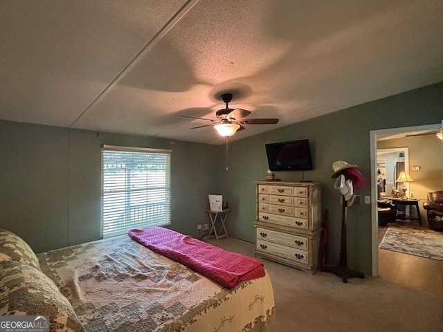 317 Cedar Dr NW, Sparta, GA 31087 - bedroom with vaulted ceiling, light colored carpet, a textured ceiling, and ceiling fan
