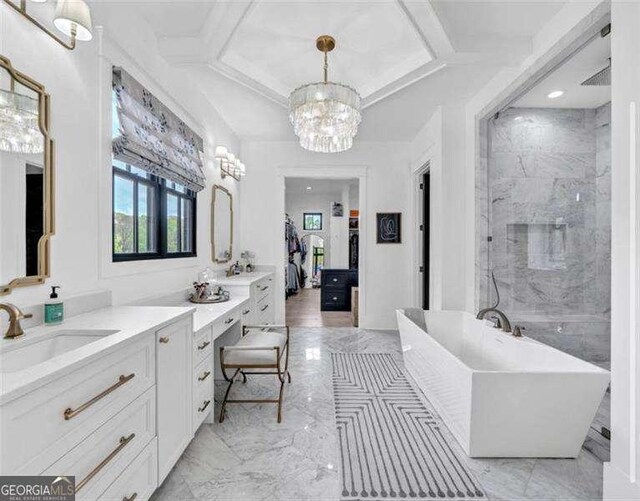 1592 Howell Bridge Rd, Ball Ground, GA 30107 - bathroom featuring vanity, marble finish floor, a freestanding tub, coffered ceiling, and a notable chandelier
