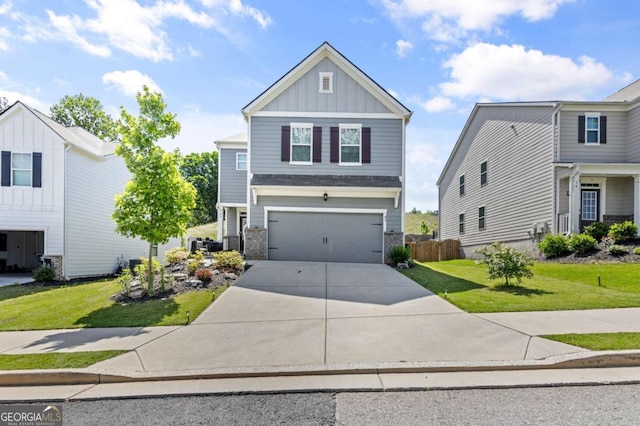 traditional-style house featuring board and batten siding, a garage, and driveway