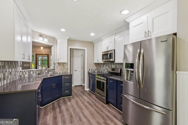 7675 Rose Ln, Cumming, GA 30040 - kitchen featuring appliances with stainless steel finishes, a sink, blue cabinetry, white cabinets, and recessed lighting