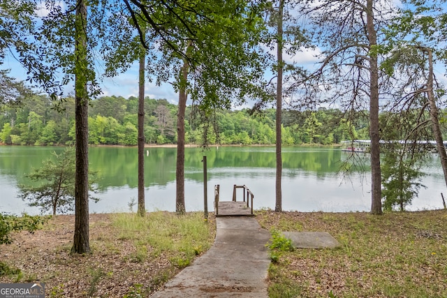 dock area with a forest view and a water view