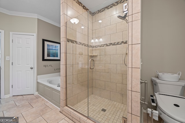 bathroom with a shower stall, crown molding, a garden tub, tile patterned floors, and toilet