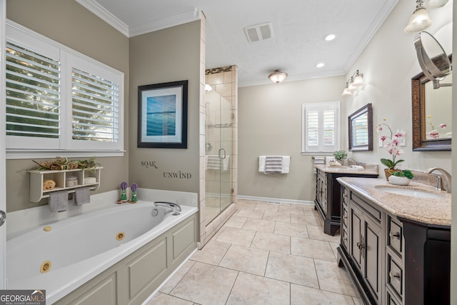 full bathroom with a shower stall, crown molding, a tub with jets, two vanities, and tile patterned flooring