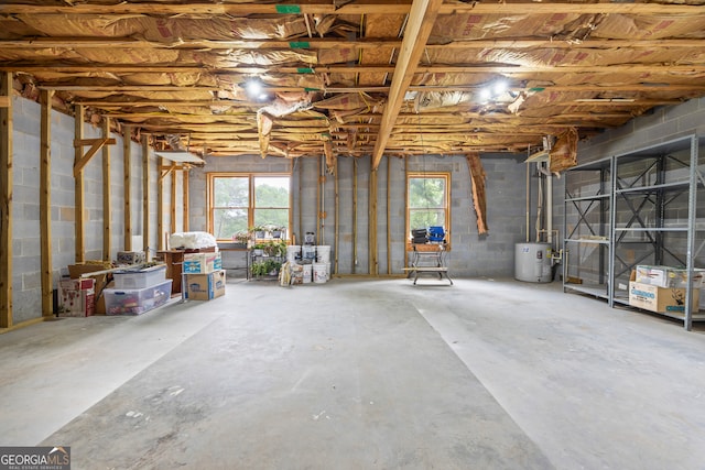 below grade area featuring concrete block wall and electric water heater