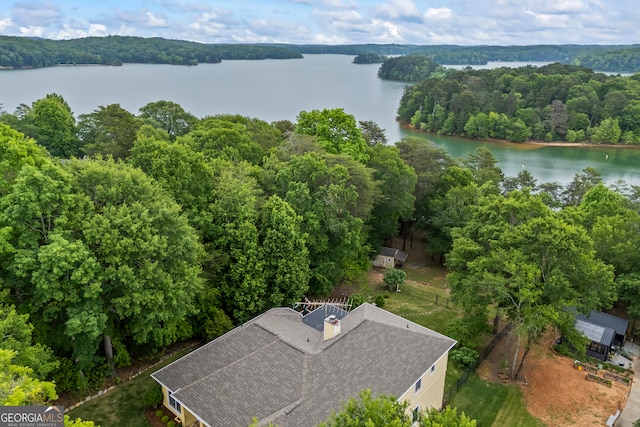 drone / aerial view of a large body of water and a heavily wooded area