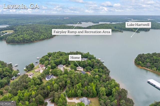aerial view of a nearby body of water and a forest