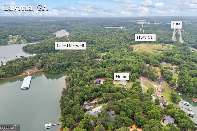aerial view of a nearby body of water and a forest