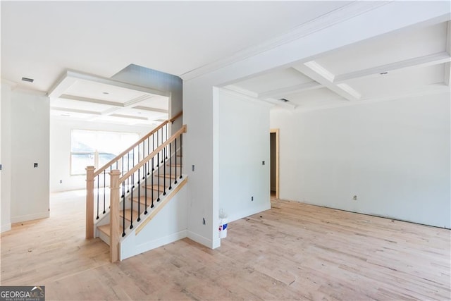 4222 Matisse Ln, Fairburn, GA 30213 - staircase with coffered ceiling, beamed ceiling, wood finished floors, baseboards, and ornamental molding