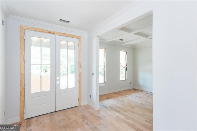 4222 Matisse Ln, Fairburn, GA 30213 - doorway to outside with french doors, crown molding, wood finished floors, baseboards, and beam ceiling