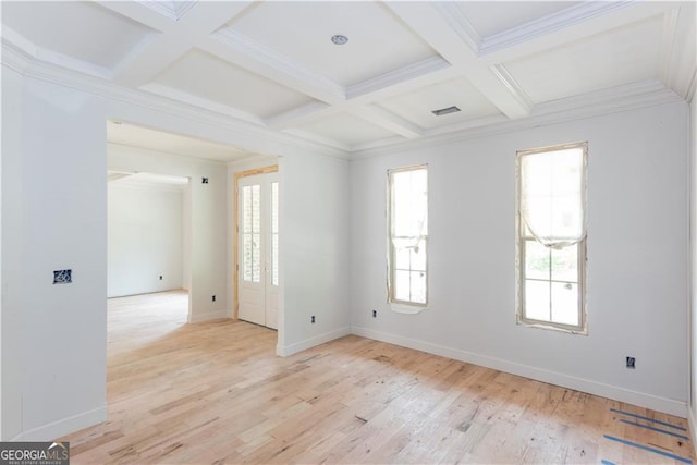 4222 Matisse Ln, Fairburn, GA 30213 - unfurnished room with coffered ceiling, beam ceiling, light wood-type flooring, baseboards, and ornamental molding