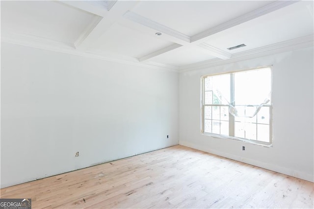 4222 Matisse Ln, Fairburn, GA 30213 - empty room with coffered ceiling, wood finished floors, beamed ceiling, ornamental molding, and baseboards