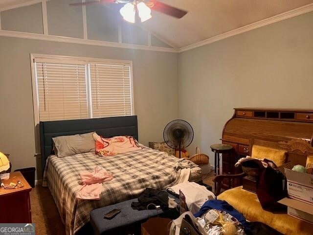 118 High Ridge Ln, Dahlonega, GA 30533 - bedroom featuring lofted ceiling, crown molding, and a ceiling fan