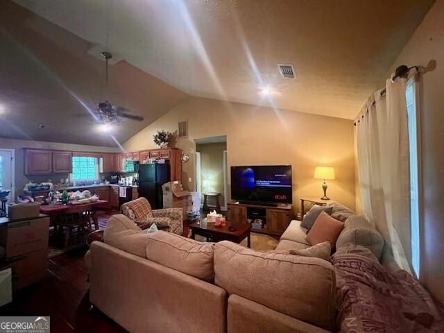 118 High Ridge Ln, Dahlonega, GA 30533 - living room with vaulted ceiling and a ceiling fan