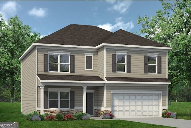 view of front of house featuring a shingled roof, an attached garage, concrete driveway, and a front lawn