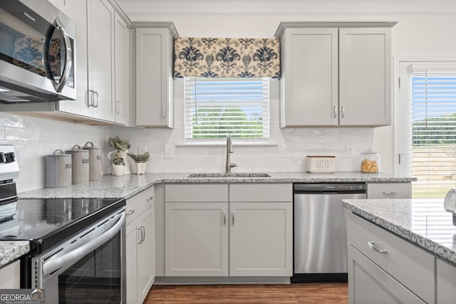 kitchen with stainless steel appliances, a sink, tasteful backsplash, and wood finished floors