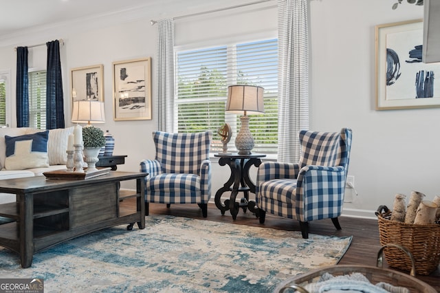 living area featuring wood finished floors, ornamental molding, and baseboards