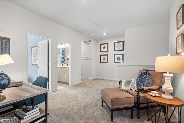 living area featuring attic access, light carpet, baseboards, and recessed lighting