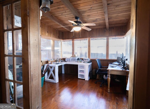 309 Mahan St, Saint Marys, GA 31558 - office featuring wooden ceiling, wood finished floors, beam ceiling, a ceiling fan, and wood walls