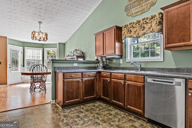 108 Wortham Dr, Buckhead, GA 30625 - kitchen with dishwasher, dark countertops, a peninsula, a sink, and a chandelier