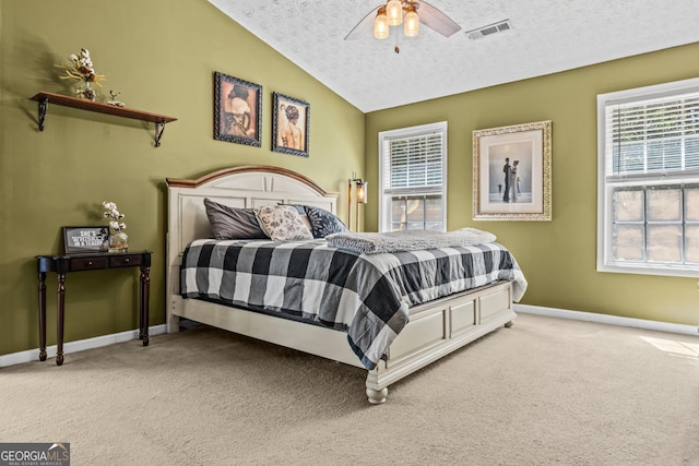 108 Wortham Dr, Buckhead, GA 30625 - bedroom featuring vaulted ceiling, carpet floors, a textured ceiling, baseboards, and ceiling fan