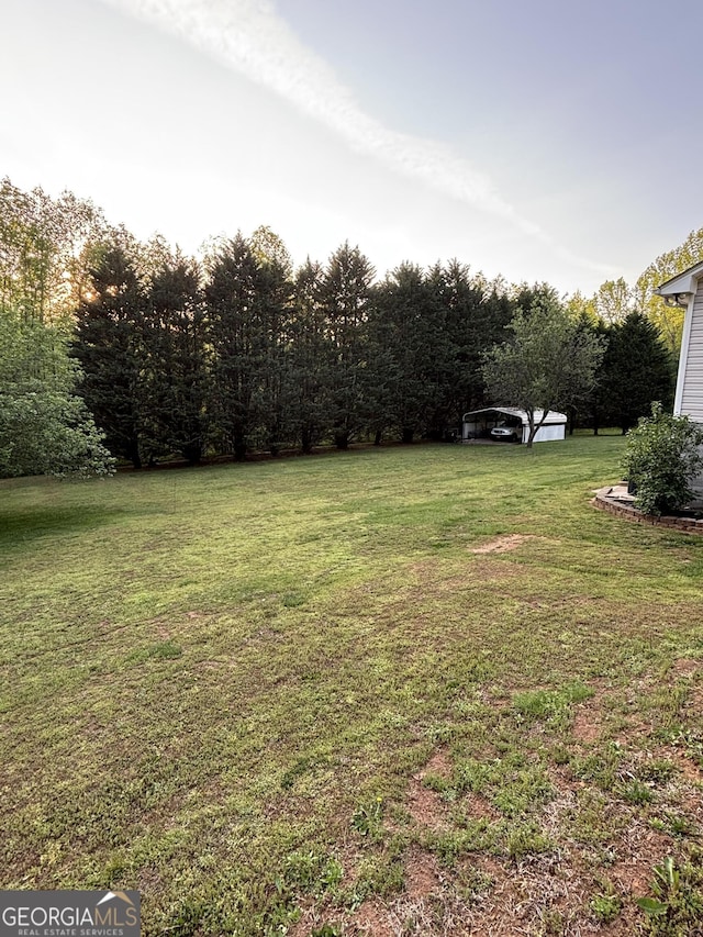 view of green lawn featuring a carport