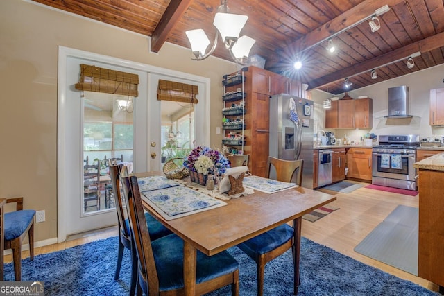 3449 Archwood Dr, Doraville, GA 30340 - dining area featuring wood ceiling, track lighting, light wood finished floors, and beamed ceiling