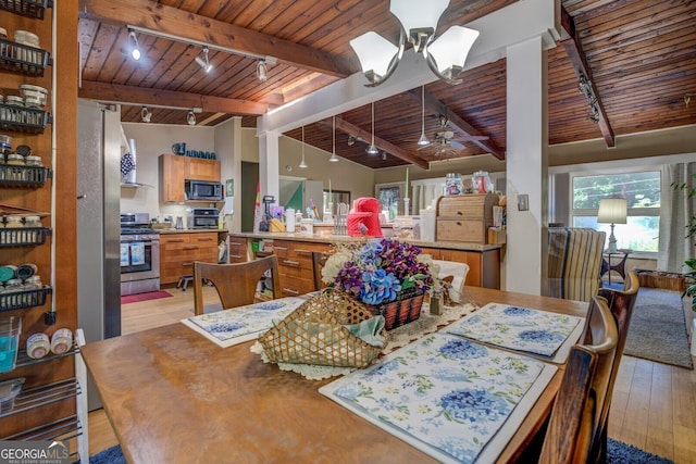 3449 Archwood Dr, Doraville, GA 30340 - dining room featuring track lighting, wood ceiling, light wood-style floors, beam ceiling, and ceiling fan