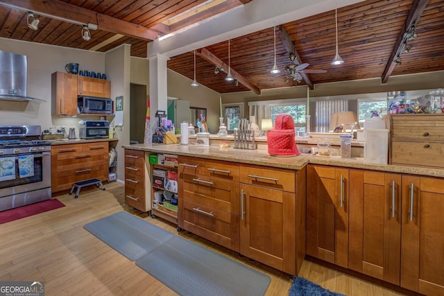 3449 Archwood Dr, Doraville, GA 30340 - kitchen featuring track lighting, stainless steel range with gas stovetop, wooden ceiling, ceiling fan, and beam ceiling