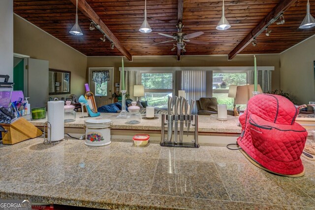 3449 Archwood Dr, Doraville, GA 30340 - interior space with rail lighting, wood ceiling, and ceiling fan