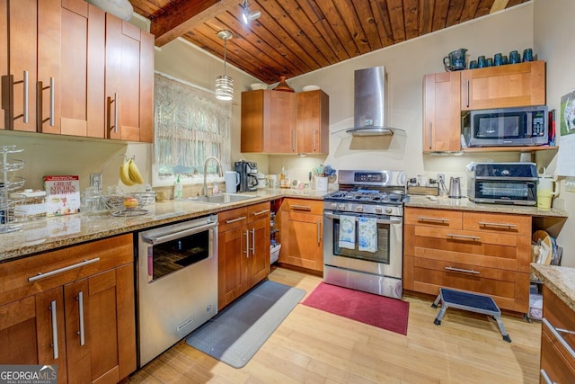 3449 Archwood Dr, Doraville, GA 30340 - kitchen with appliances with stainless steel finishes, range hood, a sink, wood ceiling, and light wood finished floors