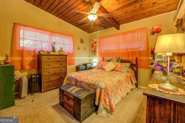 3449 Archwood Dr, Doraville, GA 30340 - bedroom with wood ceiling, carpet floors, beamed ceiling, and a ceiling fan