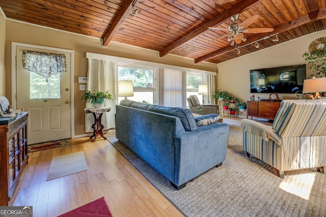 3449 Archwood Dr, Doraville, GA 30340 - living room featuring wooden ceiling, plenty of natural light, a ceiling fan, and wood-type flooring