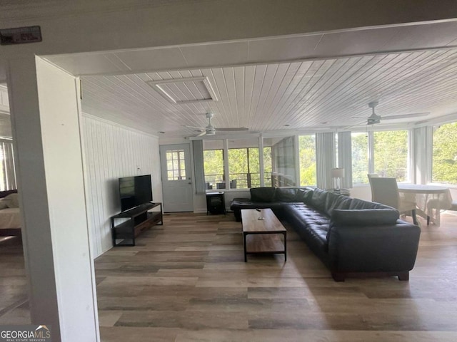 750 Warners Lndg, Hortense, GA 31543 - living area with ceiling fan, healthy amount of natural light, wood finished floors, and wooden ceiling
