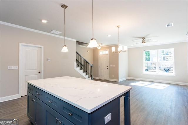3352 Landings S Dr, Atlanta, GA 30331 - kitchen featuring ornamental molding, baseboards, dark wood finished floors, a center island, and ceiling fan