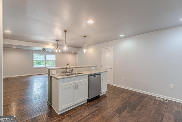 947 Rebel Forest Dr, Atlanta, GA 30315 - kitchen featuring stainless steel dishwasher, a sink, ceiling fan, a kitchen island with sink, and open floor plan