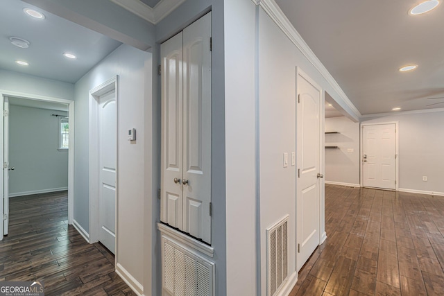 947 Rebel Forest Dr, Atlanta, GA 30315 - hall with dark wood finished floors, baseboards, ornamental molding, and recessed lighting