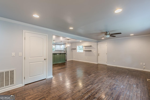 947 Rebel Forest Dr, Atlanta, GA 30315 - unfurnished living room featuring ceiling fan, dark wood-style floors, baseboards, recessed lighting, and ornamental molding