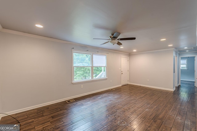 947 Rebel Forest Dr, Atlanta, GA 30315 - empty room featuring crown molding, ceiling fan, dark wood-style flooring, baseboards, and recessed lighting