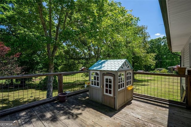 5519 Latty Rd, Lula, GA 30554 - wooden terrace featuring a yard, an outdoor structure, and view of scattered trees