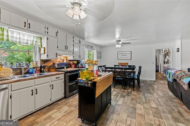 5519 Latty Rd, Lula, GA 30554 - kitchen featuring stainless steel appliances, a ceiling fan, light wood-type flooring, and white cabinetry