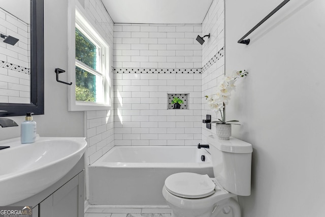 985 Columbia Dr, Decatur, GA 30030 - full bath with toilet, washtub / shower combination, marble finish floors, and vanity