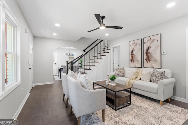 985 Columbia Dr, Decatur, GA 30030 - living room featuring arched walkways, baseboards, recessed lighting, stairway, and ceiling fan