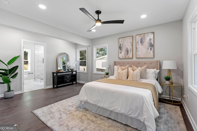 985 Columbia Dr, Decatur, GA 30030 - bedroom with wood finished floors, baseboards, recessed lighting, ensuite bathroom, and a ceiling fan