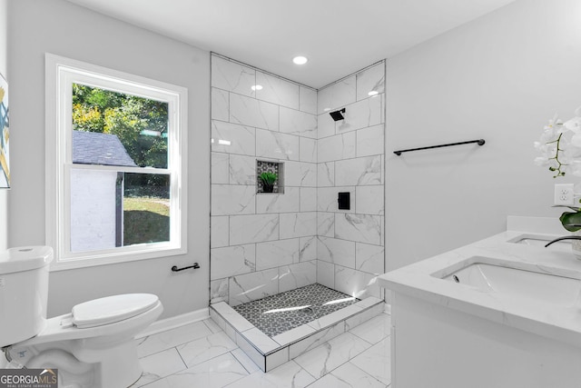 985 Columbia Dr, Decatur, GA 30030 - full bath featuring toilet, marble look tiles, a stall shower, and recessed lighting