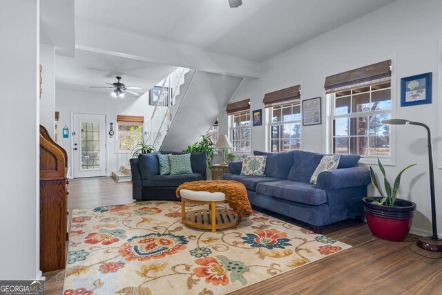 114 N Valhalla Dr, Cordele, GA 31015 - living room featuring a ceiling fan, wood finished floors, plenty of natural light, and vaulted ceiling