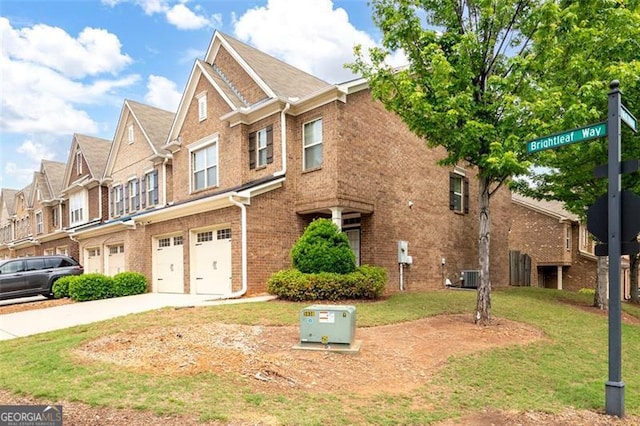 1957 Brightleaf Way Unit 59, Marietta, GA 30060 - townhome / multi-family property featuring a garage, brick siding, concrete driveway, central air condition unit, and a residential view