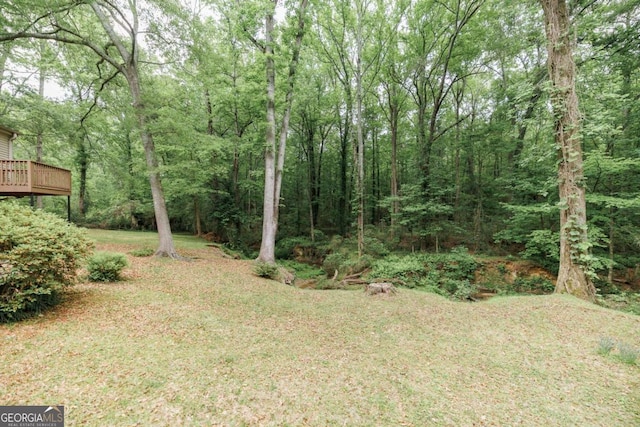 view of grassy yard featuring a wooded view